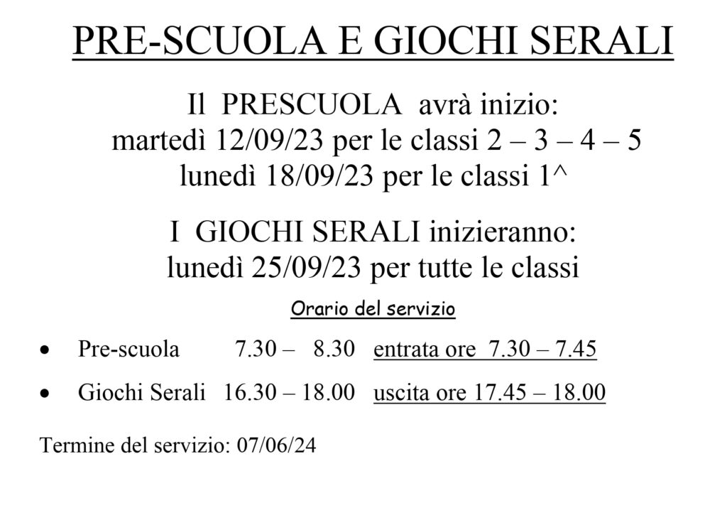 Prescuola e giochi serali scuola primariaanno scolastico 2023-24